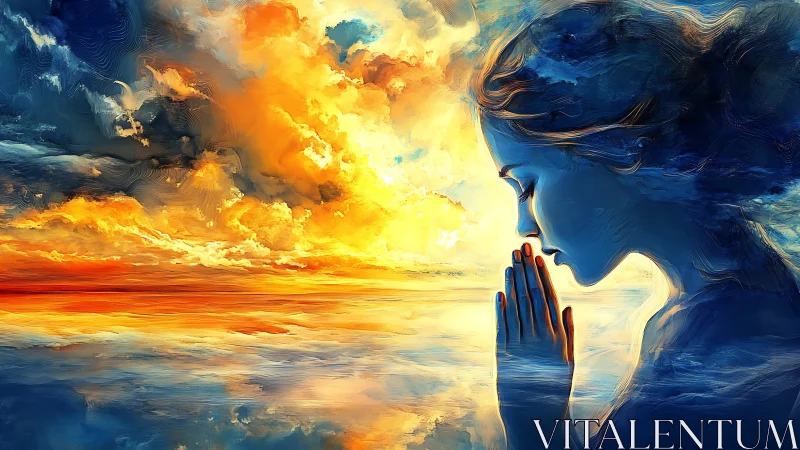 Praying girl silhouette against blazing abstract sunset sky.