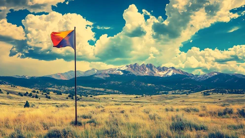 Golden prairie flag waves gently beneath vast mountain skies
