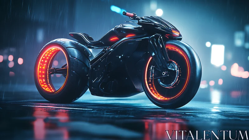 Neon stormrider bike idling in rain-soaked cyber streets.