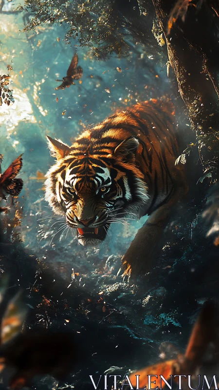 Stalking tiger moves through dense forest light and shadow.