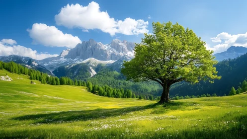 Solitary deciduous tree anchors alpine meadow under clear sky