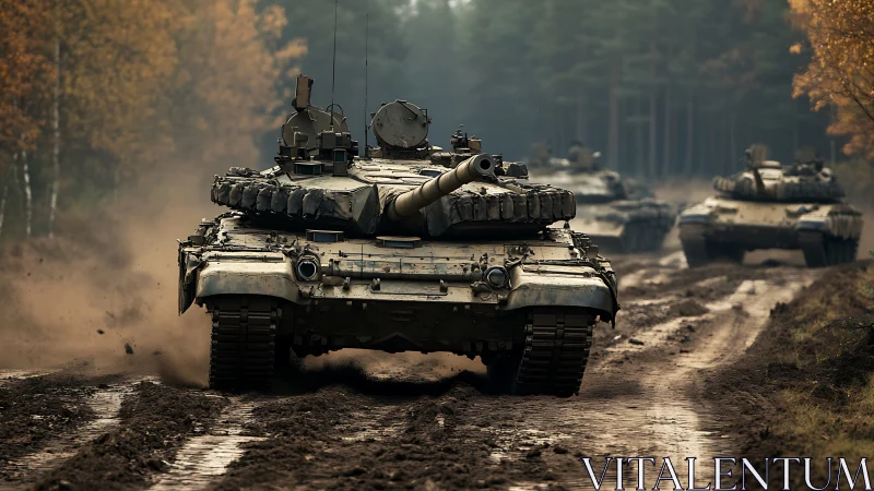 Military Tank Column Moving Through Forest Road
