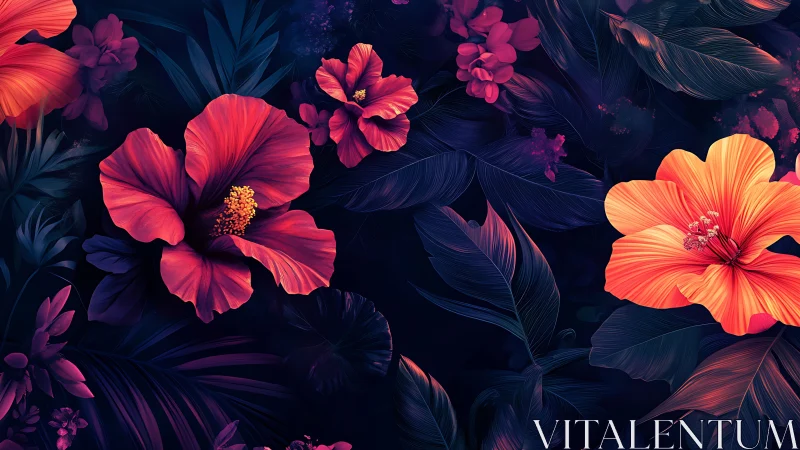 Neon Hibiscus Blooms Against Deep Navy Foliage.