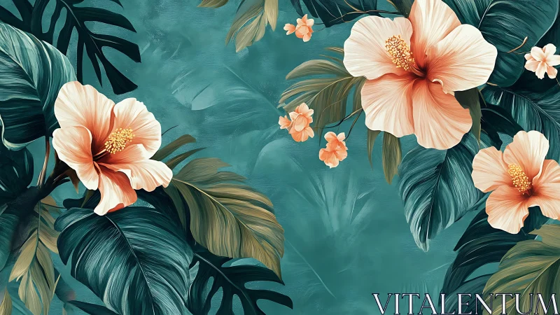 Tropical Hibiscus Blooms Flourish Against Teal Foliage Background