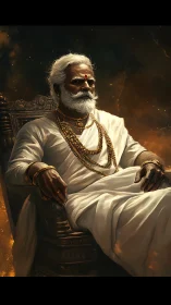 Elderly man in white robes seated on carved wooden chair.