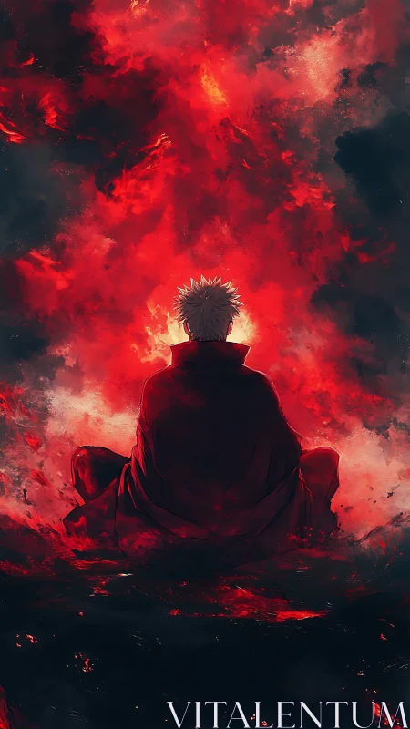 Lone cloaked figure meditates amid raging crimson firestorm