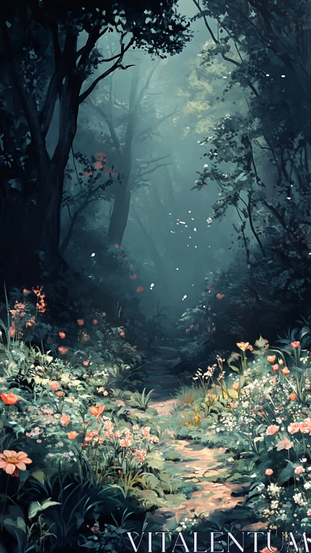 Enchanted Forest Pathway with Luminous Fireflies and Blooming Wildflowers.