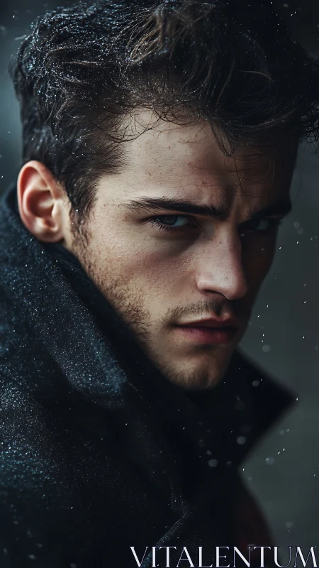 Moody close-up portrait of young man in falling snow.