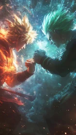 Twin tempests of fire and ice collide in clenched resolve