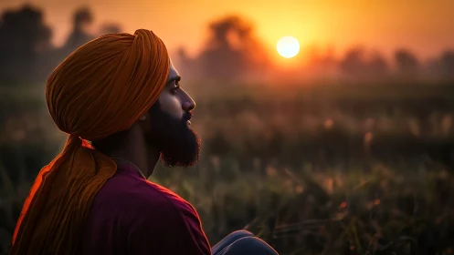 Profile view of turbaned man in rural field at sunset.