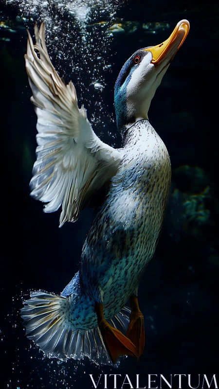 Underwater duck ascending with spread wings in bubbles.