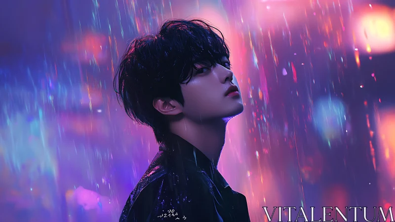 Backlit portrait in neon rain with high contrast rim lighting