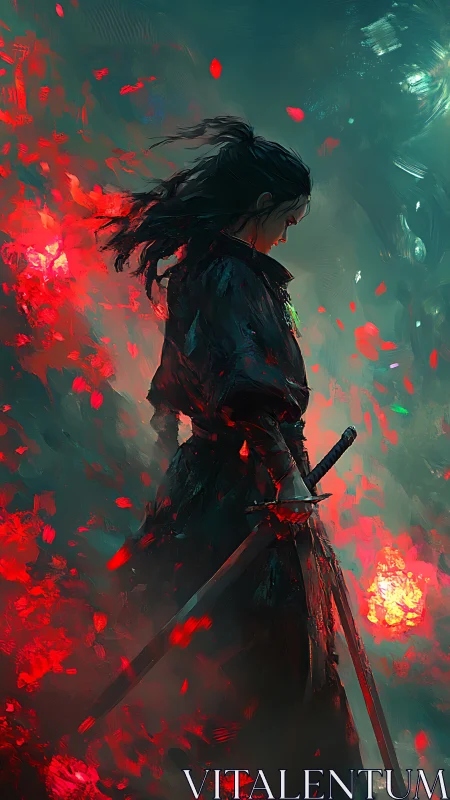 Lone swordmaster stands amid burning crimson embers