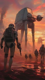 Stormtroopers advance under mechanized walkers in volcanic dusk
