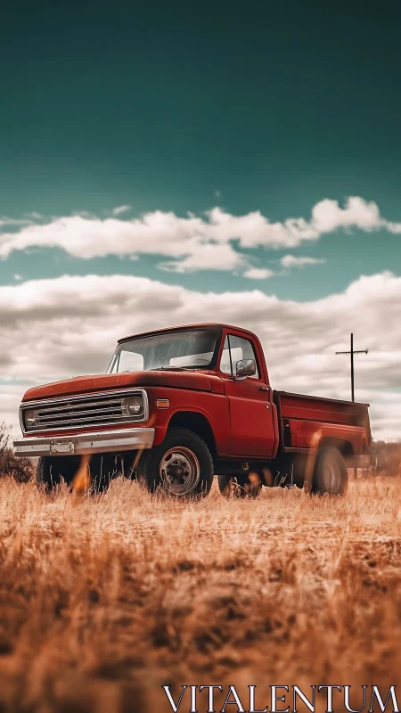 Sunburnt farm truck resting beneath a storm-tipped sky.