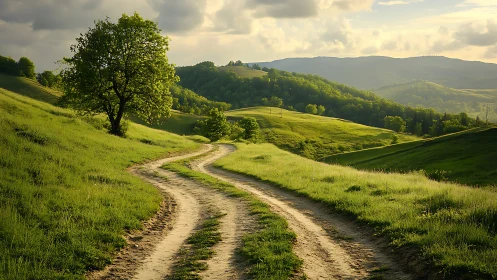 Sunlit dirt track winding through verdant hillscape at dusk.