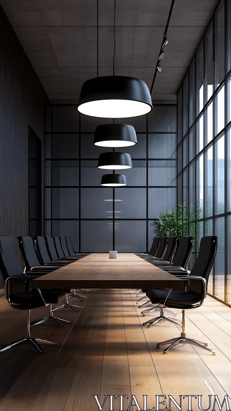 Minimalist Conference Room with Cascading Pendant Luminaires and Industrial Architecture