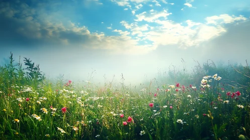 Wildflower meadow under low morning mist and clouded sky.