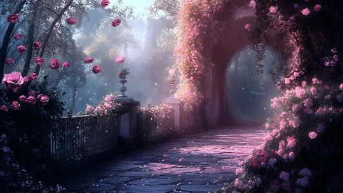 Enchanted rose-covered garden arch in ethereal dawn light.