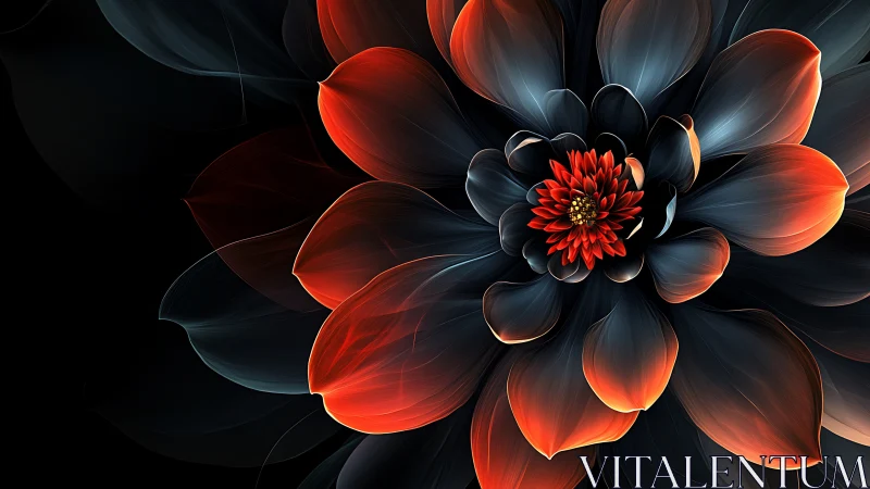 Luminous black and orange abstract flower radiates from center
