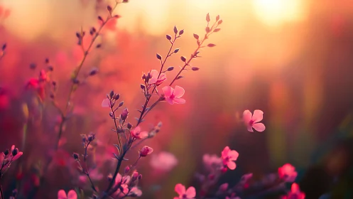 Sunlit pink wildflowers in dreamy shallow-focus bokeh field.
