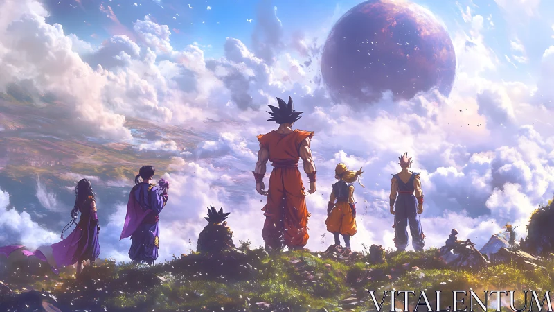 Anime warriors survey sky realm under colossal planet.