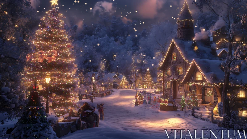 Snowy Christmas village street glows with festive lights