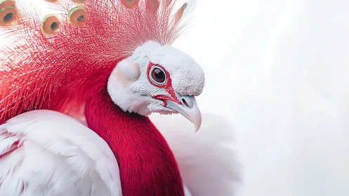 Vibrant red and white bird with ornate feathers in soft focus.