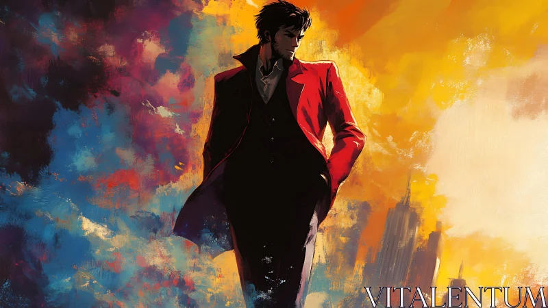 Midnight dreamer in a red coat crossing painted skies.