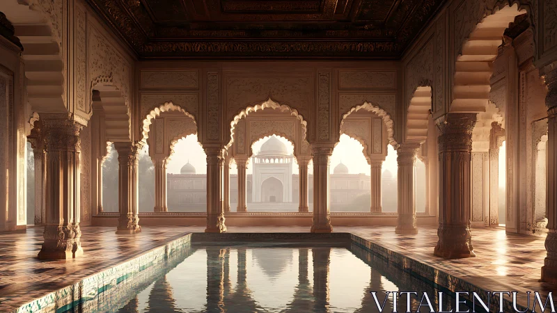 Sunlit Mughal arcade with reflective courtyard pool interior.