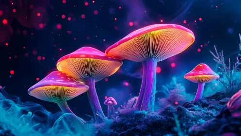 Neon forest of glowing mushrooms in a dreamy night garden.