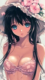 Summer daydream with bright blue eyes and flowered hat.