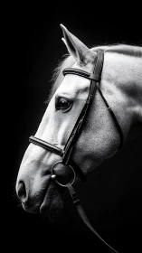White horse portrait in high-contrast monochrome profile.