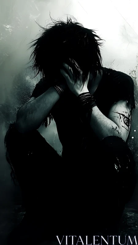 Backlit crouched figure with high-contrast emo aesthetic and inked arm