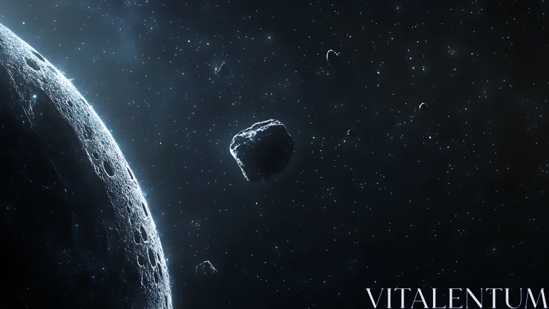 High-contrast asteroid belt scene with cratered moon limb in deep space