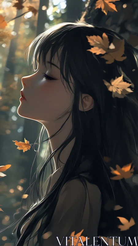 Autumn-lit anime profile with volumetric foliage dynamics.
