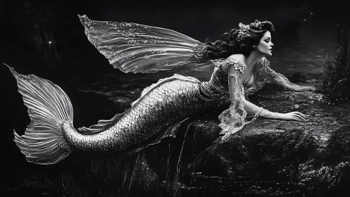 Monochrome mermaid figure resting on rocky seabed edge.