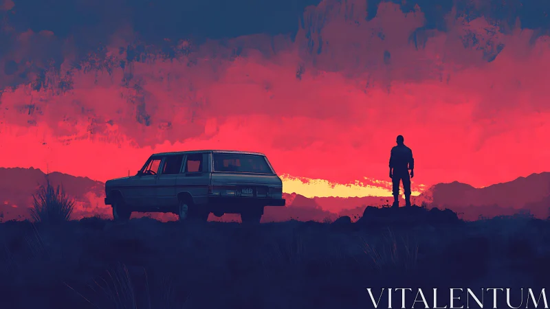 Silhouetted driver and station wagon under saturated red dusk sky