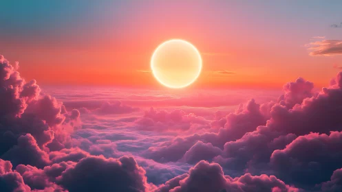 Sun hovers above dense pink clouds under gradient sky