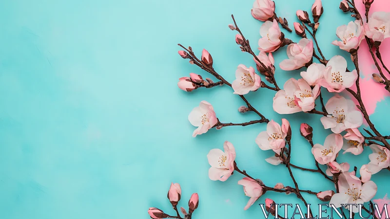 Cherry Blossom Branches with Delicate Pink Petals on Turquoise Background
