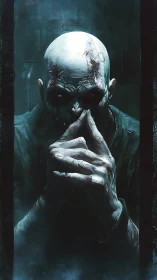 Sinister bald figure brooding in cold cinematic gloom.