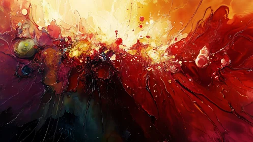 Fiery abstract explosion in red, gold and dark tones.