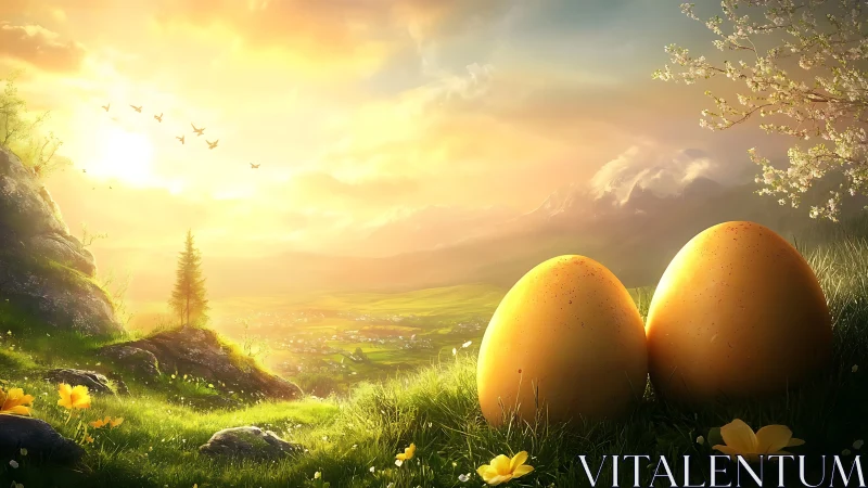 Golden eggs rest in bright grass under glowing sunrise