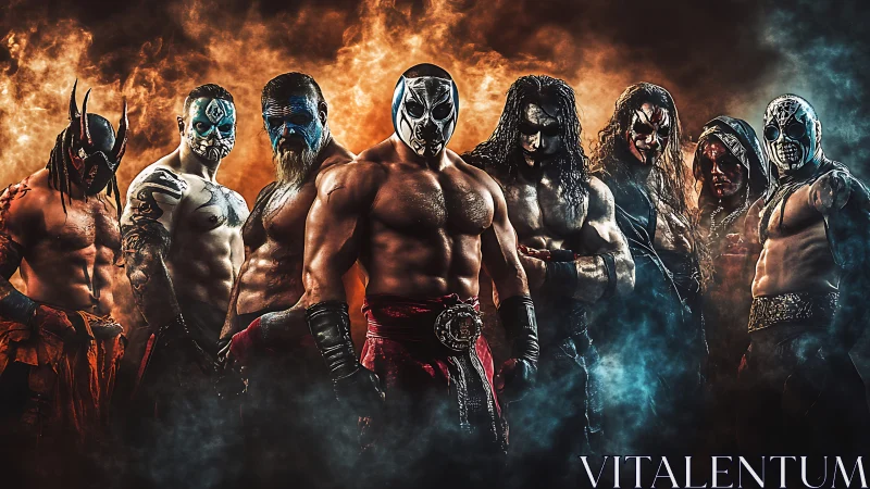 Masked wrestlers pose in dramatic high-contrast, smoke-filled arena lighting