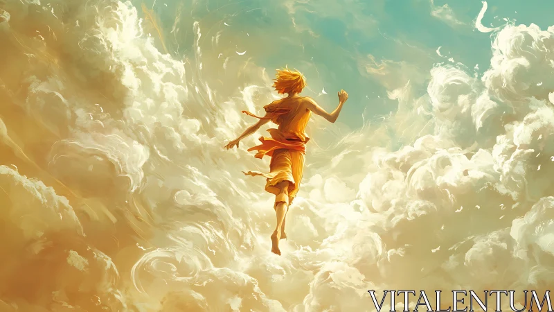 Skybound dreamrunner leaping through molten sunrise clouds.