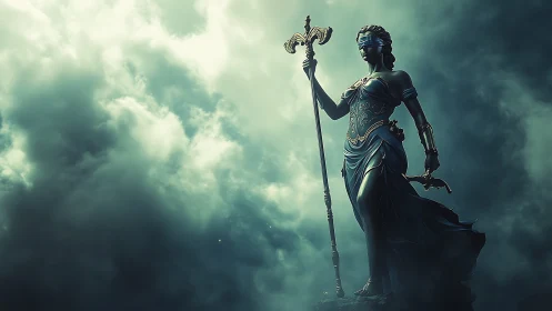 Blindfolded justice statue rises against stormy sky