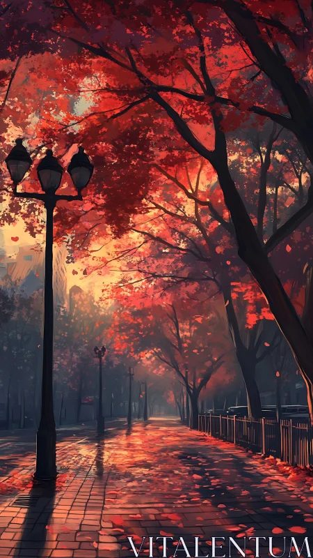 Golden autumn pathway glows softly beneath fiery red trees