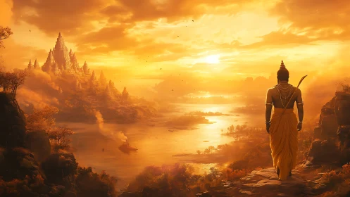 Warrior overlooks radiant river kingdom at golden sunset