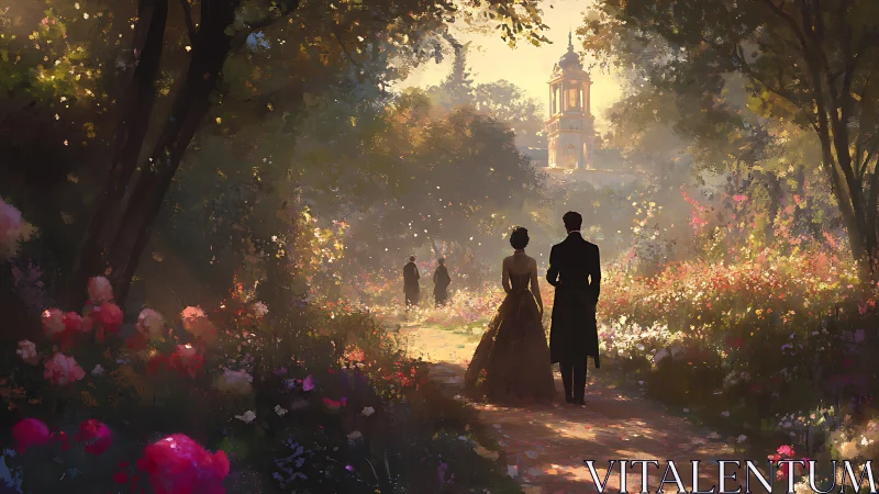 Victorian couple strolling through luminous floral garden path.