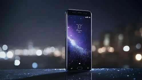 Android smartphone with celestial display showing time and nocturnal galaxy wallpaper.